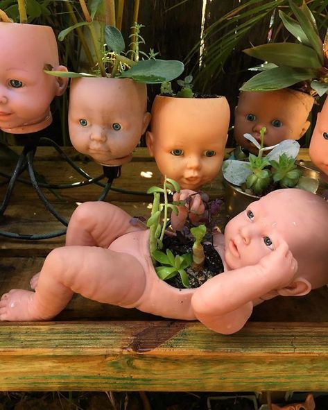 145 People Who Turned Old Dolls Into Planters And Scared The Hell Out Of Their Neighbors Creepy Baby Dolls, Crafts By Season, Plants Growing, Head Planters, Diy Store, Deco Originale, Seasonal Garden, Creepy Dolls, Futurama