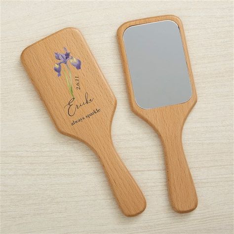 * Printed with name, date, birth flower and 1 line of text  * Constructed of beechwood * Measures 8.25H x 3W * Imported The Birth Month Personalized Wood Beauty Accessories make a practical and fun gift. Constructed of strong beechwood, the brush and mirror are not only beautiful, but will hold up over time. *Note hairbrush and hand mirror are sold separately Painted Hairbrush, Wooden Hand Mirror, Hand Mirrors, Personalized Gifts For Her, Hand Mirror, Beauty Gifts, Animal Sketches, Birth Flower, Wooden Hand