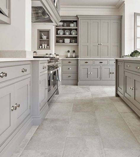 23 White Kitchens Without Wood Floors - Down Leah's Lane Modern Köksdesign, Tom Howley, Grey Kitchen Designs, Gray Cabinets, Dream Kitchens Design, Farmhouse Kitchen Design, White Kitchen Design, 아파트 인테리어, Grey Kitchen Cabinets