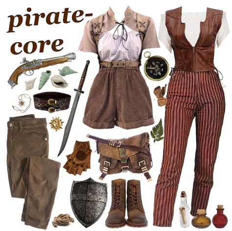 piratecore outfit ideas | f*ck society i wanna be a pirate #aesthetic #vintage #retro #ocean #grunge #punk #lgbtq #nonbinary #leather #periodpiece Sailpunk Aesthetic, Brown Shorts Outfit Aesthetic, Pirate Aesthetic Clothing, Hobbit Clothing, Pirate Core Outfits, Piratecore Outfit, Medieval Aesthetic Outfit, Fantasycore Outfits, Library Outfits Aesthetic