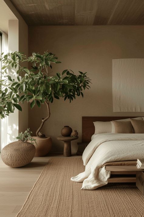 37+ Earthy Modern Bedroom Ideas to Make You Feel Grounded Master Bedrooms Natural Decor, Minimalist Bedroom Earth Tones, Green And Walnut Bedroom, Earth Tone Furniture, Large Minimalist Bedroom, Modern Plant Bedroom, Earthy Contemporary Home, Earth Tone Bedroom Minimalist, Bedroom Walnut Furniture