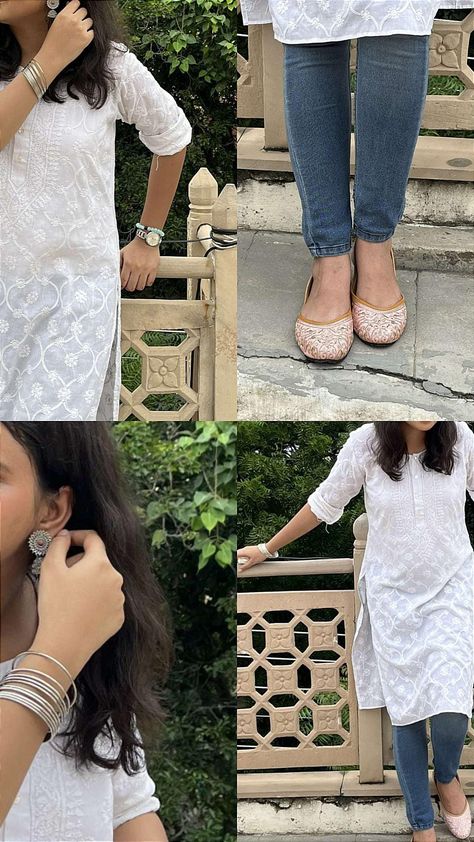 Daily Outfits Indian, Collage Dress Outfit Indian, Jean With Kurti, Short Kurti Poses Photography, Kurta Designs Women With Jeans, Photo Poses Ideas In Kurti, Kurti With Jeans Poses, Poses In Kurti And Jeans, Kurta Picture Poses