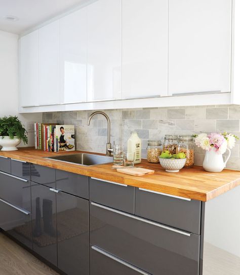 Basement kitchen design (tips from designer Samantha Pynn): White Upper Cabinets - Chatelaine Gloss Kitchen Cabinets, White Upper Cabinets, Glossy Kitchen, Butcher Block Kitchen, Gloss Kitchen, Ikea Kitchen Design, Basement Kitchen, Decor Ikea, Kitchen Models