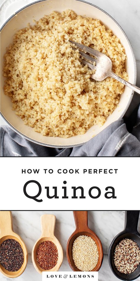 Learn how to cook quinoa with this tried & true method! It takes under 30 minutes, and the grains come out light & fluffy. Add it to bowls or salads, or use it in your favorite quinoa recipes! | Love and Lemons #quinoa #mealprep #mealplanning #vegan #healthyrecipes Fluffy Quinoa, Vegan Quinoa Salad, Toasted Quinoa, Bean Snacks, Cook Quinoa, Vegan Quinoa, Quinoa Salad Recipes, Sunday Meal Prep, Family Cooking