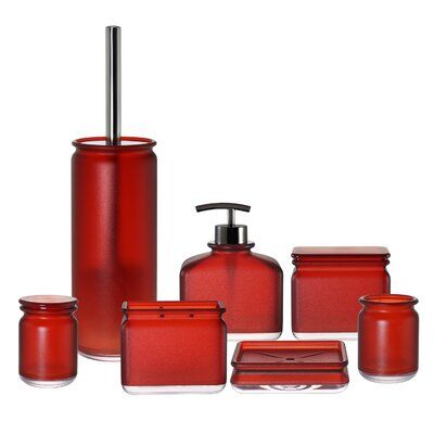 Experience the royal atmosphere right in your bathroom. Color: Brick | Immanuel Everyday 7-Piece Bathroom Accessory Set Plastic | Wayfair | Organization Red Bathroom Accessories, Red Bathroom Decor, Glass Bathroom Accessories, Black Bathroom Decor, Toothbrush Organization, Red Towels, Bathroom Shelving, Colored Mason Jars, Bathroom Red