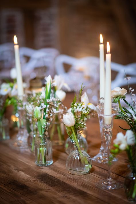 Wedding Flowers For Tables Simple, Flowers In Jars Wedding, Small Table Flowers Wedding, Small Wedding Table Flowers, Wedding Trestle Table Decorations, Trestle Table Wedding Decor, Wedding Trestle Tables, Simple Wedding Centerpieces Long Tables, Trestle Table Wedding