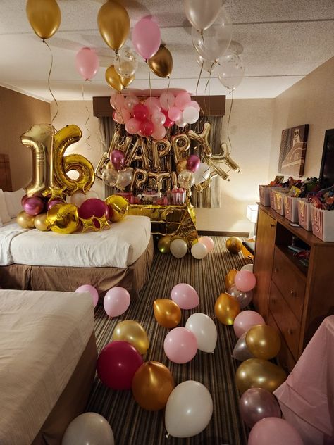 Sweet 16 Decorations Hotel Room, Birthday Party Ideas Hotel Room, 16 Birthday Hotel Party Ideas, What To Do At A Hotel Birthday Party, Sweet 16 Sleepover Decorations, 16 Hotel Birthday Party Ideas, Hotel Room Decoration Birthday Sweet 16, Sweet 16 Non Party Ideas, 14ty Birthday Party Ideas