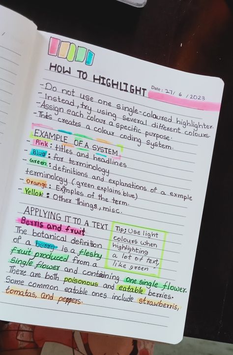 How To Colour Code Notes Study Tips, School Notes Highlighter, Highlighting Key For Notes Science, Decoration Ideas For Assignments, Good Ways To Take Notes For School, How To Take School Notes, Highliting Notes Tips, Things To Take Notes On, Early College High School Tips