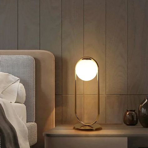 Gold Metal White Glass Globe Table Lamp LED for Bedroom