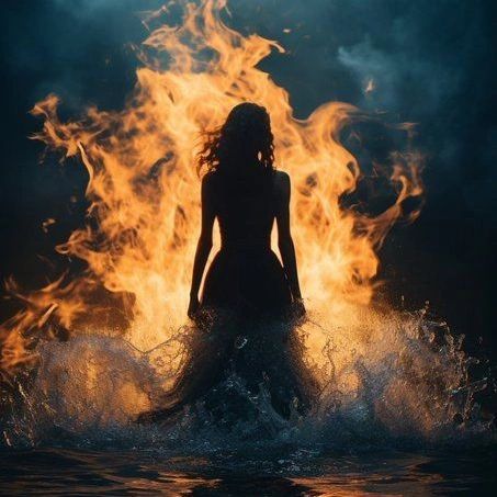 Silouttes Art Woman, Set Fire To The Rain Aesthetic, Goddess Of Chaos Aesthetic, Warrior Goddess Art, Surrender Aesthetic, Angel Warrior Female Goddesses, Warrior Woman Photography, Person On Fire, Immortal Aesthetic