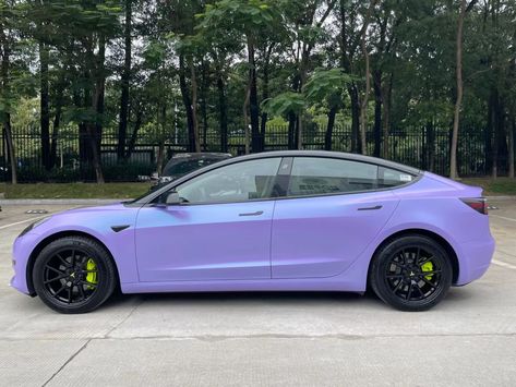 Purple Tesla Model 3, Lavender Wrapped Car, Tesla Wrap Ideas, Car Wrap Color Ideas, Iridescent Car Wrap, Tesla Colors, Wrapped Tesla, Purple Tesla, Iridescent Car