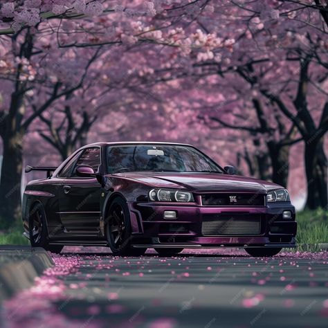 Premium Photo | A dark purple Nissan Skyline GT R in the morning with cherry blossom trees Purple Nissan Skyline, Backdrop Inspiration, Art Backdrop, Nissan Skyline Gt R, Cherry Blossom Trees, Skyline R34, Japanese Sakura, Nissan Skyline Gt, Nissan Gtr Skyline