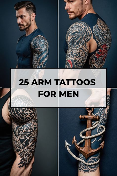 25 arm tattoos for men showing various intricate designs on muscular arms. Arm Tattoo Ideas For Men, Upper Arm Tattoos For Guys, Best Arm Tattoos, Arm Tattoos For Men, Gear Tattoo, Arm Tattoo Ideas, Compass Rose Tattoo, Anatomical Heart Tattoo, Geometric Sleeve Tattoo