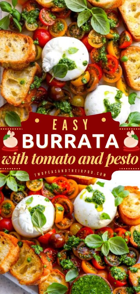 Burrata with Tomatoes & Pesto, Gameday food, Gameday appetizer recipes Taste Of Home Ultimate Burrata Board, Buratta And Tomato, Bursts Board, Pesto Burrata Toast, Blistered Tomatoes And Burrata, Burrata And Pesto Appetizer, Bursts Cheese Recipes, Bursts Appetizer, Burrata With Pesto