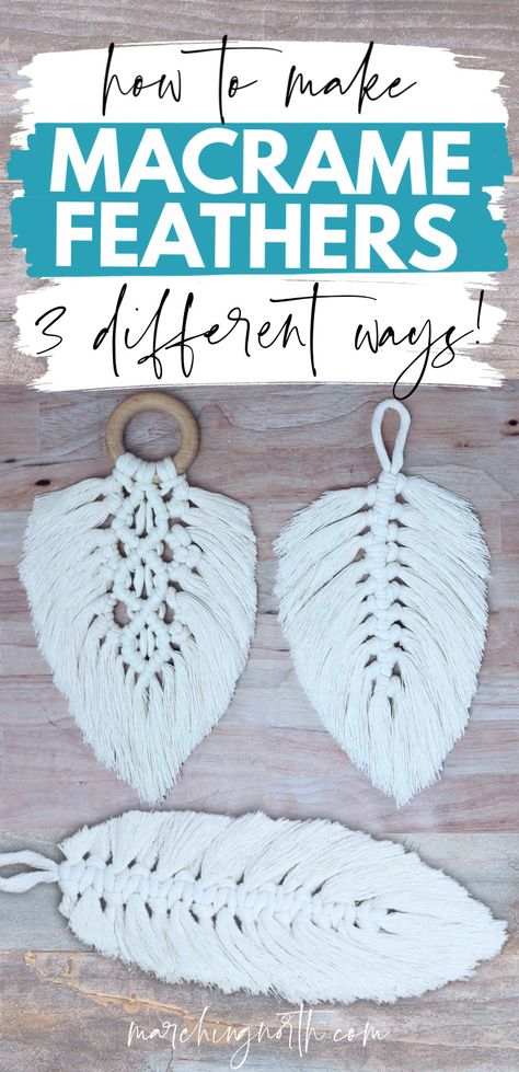 Learn how to make a DIY Macrame Feather in this video & written tutorial. This easy project is perfect for beginners! Using very simple knots and cotton cord you can create some feathers for your own decor, boho wall hanging, keychain or purse tassel! #macrame #beginners #diytutorial #craftideas #diydecor Cotton Projects Ideas, Macrame Puff Ball, Macrame Decor Ideas Diy Crafts, Simple Makramee Diy, Boho Yarn Wall Hanging Diy Easy, What To Do With Leftover Macrame Cord, Macrame Wall Hanging Diy Tutorials How To Make Plant Hangers, Macrame Feather Template Printable Free, Macrame Gift Ideas Diy