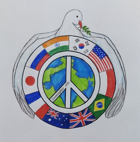 Poster On World Peace, Peace Day Drawing Ideas, Poster On Peace Drawing, Peaceful World Drawing, Peace Sign Profile Picture, Drawings About Peace, Europe Day Drawings, World Peace Day Drawing, G20 Poster Drawing Easy