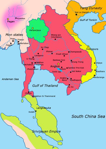 A map illustrating in red the Khmer Empire c. 900 CE. Vientiane, Tonle Sap, Asian History, Angkor Thom, Khmer Empire, Asia Map, Thought Experiment, Ancient Maps, South China Sea