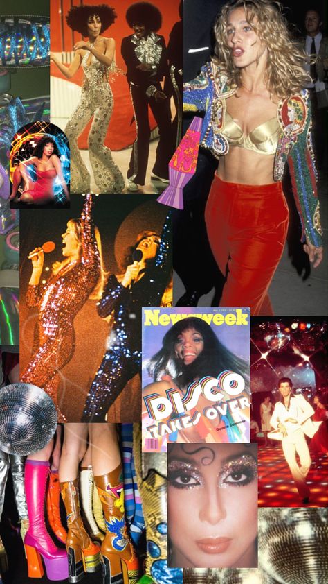 Extravagant Party Outfit, 60s Disco Aesthetic, 70s Aesthetic Costume, Disco Fancy Dress Ideas, 70s Glitter Fashion, 80s Disco Party Outfit Costume Ideas, Disco Themed Outfits 70s Party, 70s Night Outfit Party, 70s 80s Disco Fashion