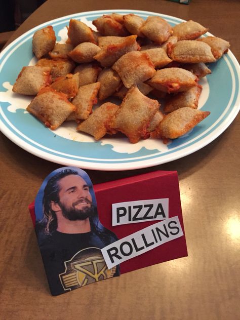 PIZZA ROLLins #wwe Wwe Royal Rumble Party, Royal Rumble Party Food, Wrestling Themed Food, Wwe Birthday Party Ideas Food, Wrestlemania Party Food, Wwe Food Ideas, Wwe Themed Food, Wwe Wrestling Party Ideas, Wwe Birthday Party Ideas Cake
