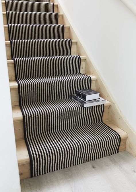 Hallway And Stairs Ideas, Stairs And Landing Ideas, Hallway Stairs And Landing, Grey Stair Carpet, Landing Ideas, Gray Stairs, Striped Carpets, Entryway Flooring, House Beautiful Magazine