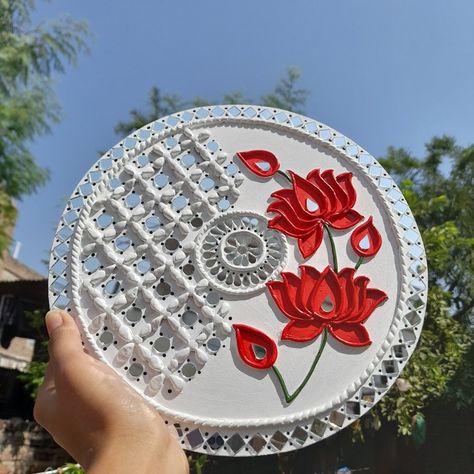 Mirror lippan art , Lotus design Wall Lippan Art, Lotus Clay Art, Lotus Lippan Art Design, Lotus Lippan Art, Lippon Art Designs, Meenakari Mirror, Modern Lippan Art, Lipin Art, Mirror Lippan Art