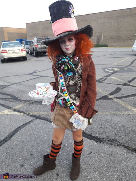 Melissa: My daughter Kielyn is the Mad Hatter. I made the costume head to toe (except for socks and shoes). That is her real hair also, not a wig. We took... Mad Hatter Costume Female, Mad Hatter Girl, Mad Hatter Costume Kids, Hatter Costume, Mad Hatter Costumes, Mad Hatter Costume, Movie Halloween Costumes, Maleficent Costume, Alice In Wonderland Dress