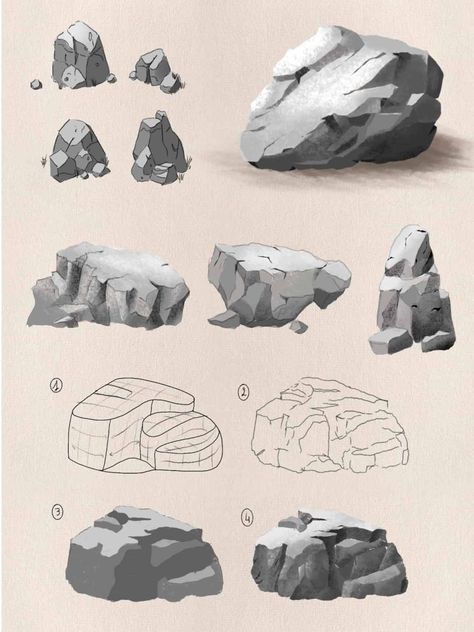 Stone Reference Drawing, How To Paint Mountains Digital, Floating Rocks Drawing, Stone Art Tutorials, How To Draw Stone Texture, How To Draw Rocks Digital, How To Paint A Rock, How To Paint Stone, How To Paint Stones And Rocks