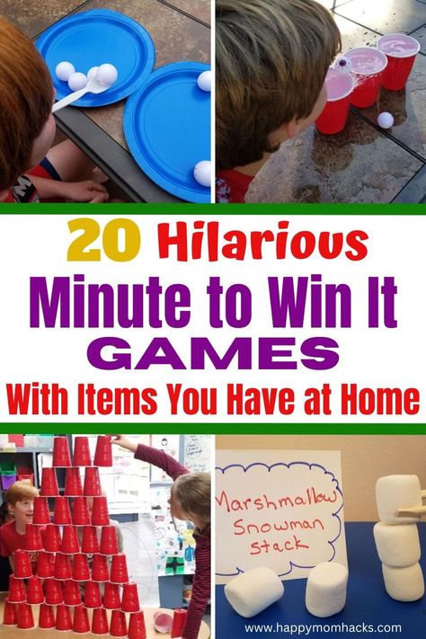 Easy & Fun Minute to Win It Games with items you have at home. Quick 1-minute games to play at birthday parties, holiday parties, classroom parties, or family game nights. The games are hilarious to watch and fun to play. Pick a few of these party games and play them at your next kid's party. It's sure to be a big hit! Easy Party Games, Games To Play With Kids, Minute Games, Birthday Party Games For Kids, Reunion Games, Family Reunion Games, Minute To Win, Minute To Win It Games, Family Party Games