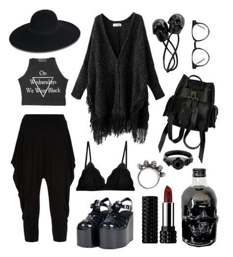 Casual Witch - skulls by bloodmoonsuccubus on Polyvore featuring Issey Miyake, Cosabella, UNIF, VIPARO, Gathering Eye, Maison Michel, Spitfire and Kat Von D Casual Witch Outfit, Witchy Outfits Casual, Witch Style, Outfit Guide, Haine Diy, Dark Mori, Witchy Fashion, Witch Outfit, Kat Von