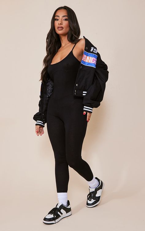 Baddie Outfits Airport, Couture, Essentials Women Outfit, Jumpsuits With Sneakers, Tall Baddie Outfits, Outfits With Black Jumpsuit, Black One Piece Outfit Jumpsuit, Tracksuit Outfit Black Women, Uk Black Girls Style