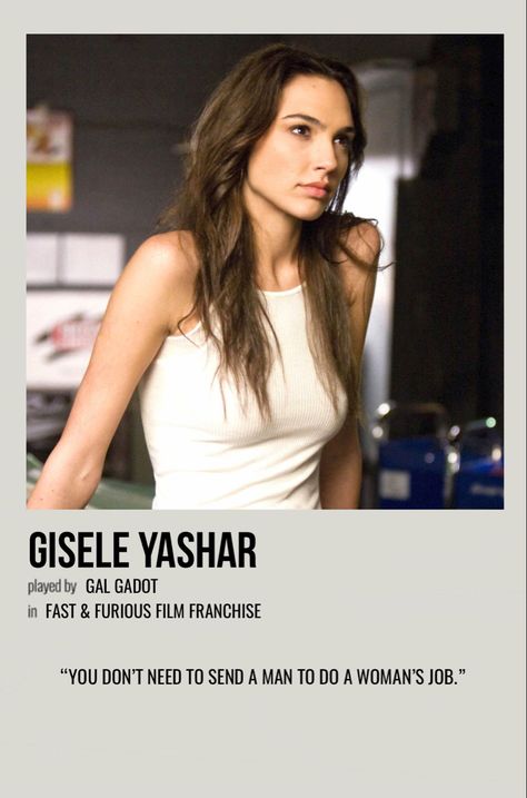 minimal polaroid character poster for gisele yashar from fast & furious film franchise Fast And Furious Party, Gisele Yashar, Letty Fast And Furious, Two Fast Two Furious, Fast Furious Quotes, Fast And Furious Letty, Uk Icon, Movie Fast And Furious, Fast And Furious Cast