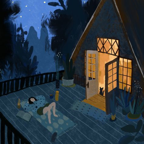 Arte Gif, Night Illustration, Arte Peculiar, House Illustration, House Drawing, Cozy Nook, Illustrators On Instagram, Night Art, Dreamy Art