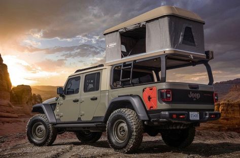 Gladiator w/Wayout pop-up tent Jeep Gladiator Camping, Jeep Wrangler Camping, Jeep Gladiator Overland, Jeep Concept, Rooftop Tent, Classic Jeeps, Camping Stuff, Jeep Pickup, Custom Jeep