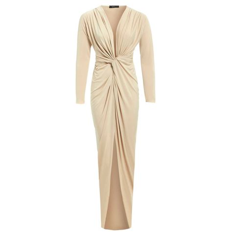 Bianca Nude Plunge Front Knot Maxi Dress (S) | Sarvin | Wolf & Badger Knot Maxi Dress, Nude Maxi Dresses, Dress Knot, Long Twist, Dress Plunging Neckline, Low Cut Dress, Luxury Clothing Brands, Front Knot Dress, Twist Front Dress