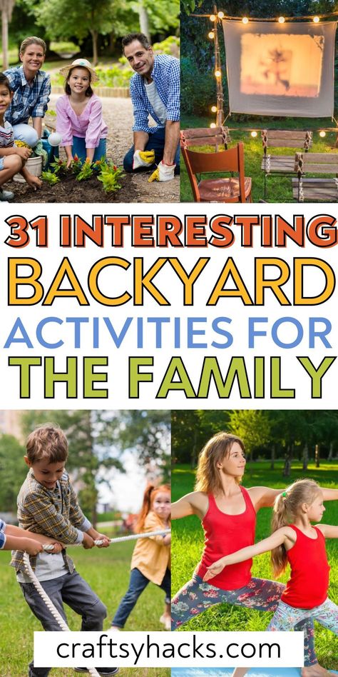 Make the most of your backyard with these family-friendly, outdoor activities. From yoga to water games, there are activities for kids of every age group. You will love this list of fun things to do with friends and family! Family Summer Games, Family Fun Games Outdoor, At Home Family Activities, Fun Outside Activities, Outdoor Family Games, Family Activities At Home, Family Fun Night Ideas, Indoor Family Activities, Family Weekend Activities