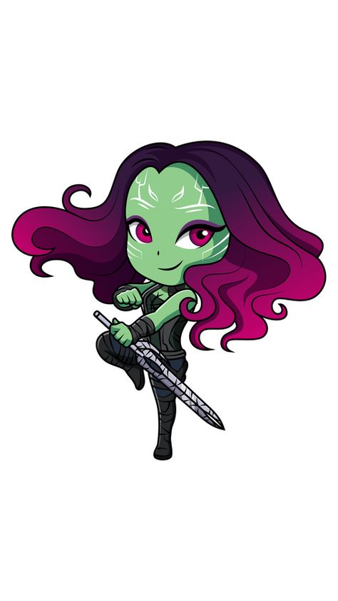 Who is this cute little girl with pink eyes, green skin, and long purple hair? This is the Chibi Gamora in our Marvel sticker!. Chibi Marvel Drawings, Purple And Green Character, Gamora Tattoo, Cartoon Marvel Characters, Marvel Heroes Drawing, Cute Marvel Drawings, Chibi Marvel Characters, Marvel Chibi Avengers, Gamora Drawing