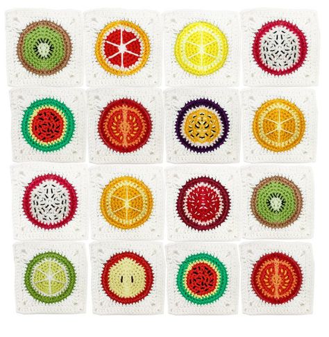 Sun Crochet Granny Square Pattern, Crochet Kiwi Granny Square, Granny Square Fruit Pattern, Crochet Fruit Granny Square Pattern, Granny Squares Unique, Fruit Crochet Granny Square, Fruit Crochet Blanket, Fruit Granny Square Crochet Pattern, Cute Crochet Squares