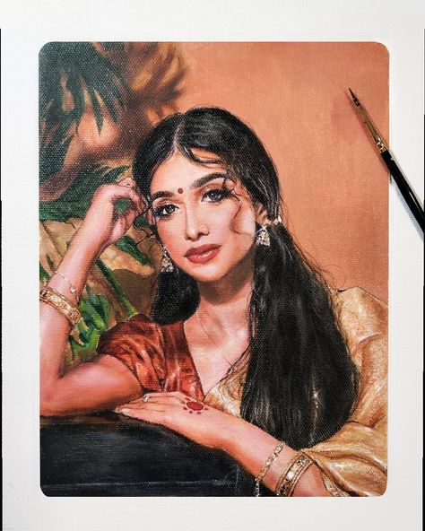 Acrylic painting on canvas cloth @glowbyabby Women Potrait Paintings, South Asian Paintings, Portrait Painting Beginner, Watercolor Portraits Indian, Indian Aesthetic Painting, Potrait Paintings Canvas, Indian Woman Sketch, Watercolor Paintings Realistic, Indian Women Sketch Pencil Drawings