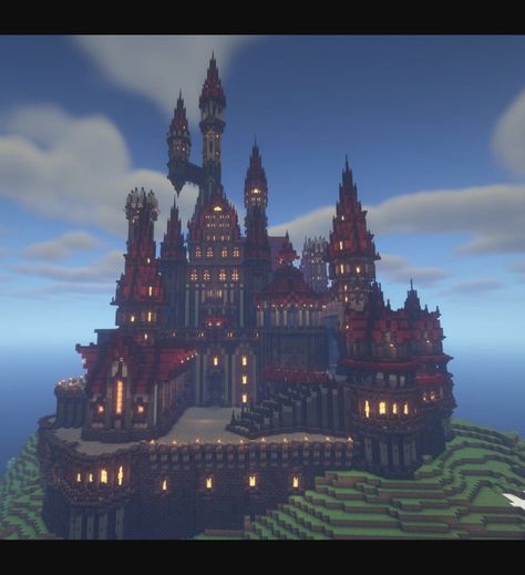 Evil Castle with red roofs and a stone base Castle Inspo Minecraft, Nether Houses Minecraft, Castle Exterior Minecraft, Dracula Castle Minecraft, Minecraft Mountain Castle Blueprints, Minecraft Glass Castle, Minecraft Gothic Castle Blueprints, Gothic Manor Minecraft, Minecraft Haunted Castle