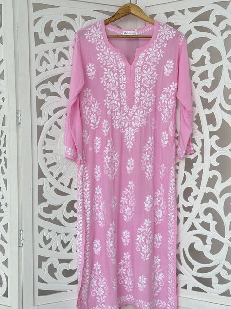 "PRODUCT SPECIFICATIONS Handmade with Love Kurti Fabric: Modal Cotton Sleeves: 3/4 Sleeves Style: Straight Kurti Length: 44-46 Inches Occasions: Casual Wear, Office Wear, Festive Wear Garment Care: Hand Wash Only Price Includes: As per choice Straight Kurti, Modal Kurti, Chikankari Kurti, Lucknow Chikankari, Handcrafted Dress, Handmade Kurti, Ethnic Wear, Gift for Her, Pakistani Wear, Kurti Palazzo Set, Chikankari Kurti Set, Handmade Gift, Kurti with Palazzo <> \"Crafting Culture\" as our Tagline says by the nature of how our designs are made, we are striding delicately and leisurely on the planet, as everything from our pattern cutting to block-printing to embroidery and washing is done by human hand in small batches. The small-scale, handmade production allows for centuries-old technique Ombre Chikankari Kurti, Chikankari Kurti Ideas, Lucknow Kurti, Chikankari Kurti Set, Kurti Chikankari, Pakistani Wear, Kurti With Palazzo, Chikankari Kurti, Kurti Palazzo