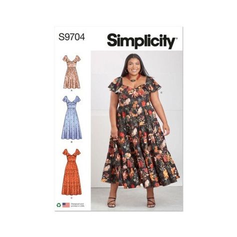 STYLISH Women's DRESSES, sewing pattern Simplicity S9704, Size 20W-28W Flounce dresses with V-shape neckline and bust darts come in three lengths.  This pattern features slight gathers at waist and gathered tier skirt. Dresses include lining in the bodice and yoke, invisible zipper, and side seam pockets. Women's Size Combinations: W2 (20W-22W-24W-26W-28W) and W3 (30W-32W-34W-36W-38W) ✂️Pattern has never been used and is complete, uncut and factory folded. ✂️Envelope may have some storage wear. Sewing Pattern Women Dress, Simplicity Dress, Flounced Dress, Miss Dress, Womens Sewing Patterns, Simplicity Sewing, Clothes Sewing Patterns, Fashion Sewing Pattern, Sewing Pattern Sizes