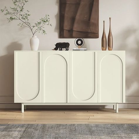 Japandi 55" White Arch Sideboard Buffet with 4 Doors Carved Credenza Modern White Sideboard, White Sideboard Buffet, White Arch, Dining Room Sideboard, Dining Room Storage, White Sideboard, Diy Sofa, Living Room Inspo, Sideboard Buffet