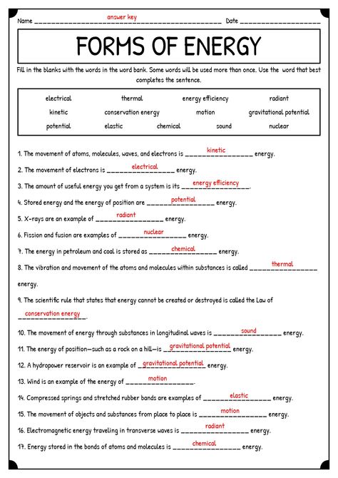 Physical Science Worksheets, Grade 8 Science Worksheets, Science Worksheets Grade 6, Grade 7 Science Worksheets, Grade 6 Science Notes, Year 5 Science Worksheets, Grade 7 Science Notes, Types Of Energy Worksheet, 8th Grade Science Notes