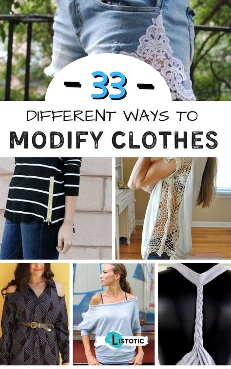 Tons of fun ideas to modify your clothes so they look more stylish then before. Great ideas for Thrifting! Find steals on clothes and refashion them to meet your needs and wants. See all 33 different ways to restyle your clothes on Listotic. Upcycling, Diy Blouse Refashion, Repurposed Clothing Diy, Restyle Old Clothes, Refashion Clothes Upcycling, Thrifting Clothes, Sewing Upcycled Clothing, Modified Clothing, Clothes Refashioning