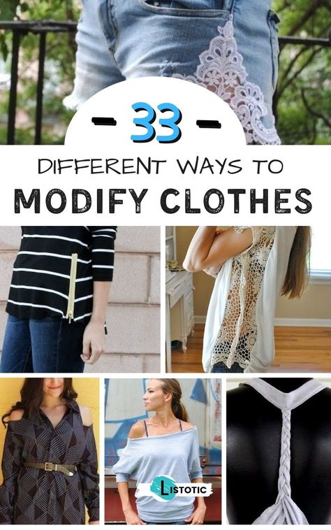 Tons of fun ideas to modify your clothes so they look more stylish then before. Great ideas for Thrifting! Find steals on clothes and refashion them to meet your needs and wants. See all 33 different ways to restyle your clothes on Listotic. Upcycling, Refashion Clothes Upcycling, Refashion Clothes Diy, Thrifting Clothes, Modified Clothing, Clothes Refashioning, Revamp Clothes, Reuse Old Clothes, Remake Clothes