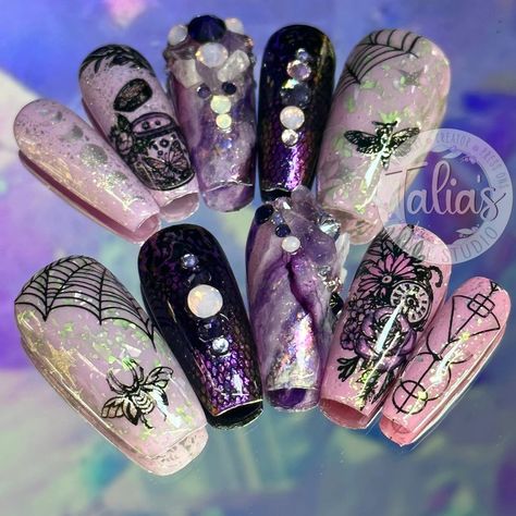 Purple Witch Nail Art 🔮 . Learn many nail art tips and tricks in my online nail art workshops ✨ . Many products I use regularly are available at @dkbeautysystems Use code TALIA to save 10% . #witchnails #spookynails #pressonscanada #nailart #nailsnailsnails #nails #naildesigns #pressons #naildesign Witch Nail Art, Art Tips And Tricks, Purple Witch, Witch Nails, Nail Art Tips, Art Workshops, Nail Length, Nail Studio, Nail Shape