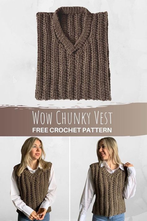 Couture, Bolero Haken, Chunky Vest, Crochet Vest Outfit, Crochet Vest Pattern Free, Crochet Sweater Vest, Vest Pattern Free, Crochet Hoodie, Crochet Jumper