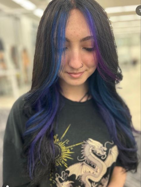 Black Hair With Purple And Blue Streaks, Blue Black And Purple Hair, Black Purple Blue Ombre Hair, Galaxy Hair Underneath, Purple And Blue And Black Hair, Blue And Purple Dyed Hair, Blue And Purple Underneath Hair, Black Hair With Blue And Purple Streaks, Galaxy Hair Highlights