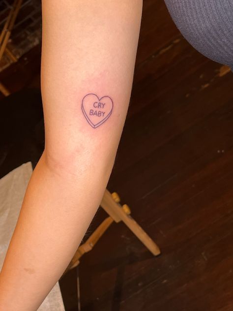 Heart Tattoo Designs Aesthetic, Conversation Heart Tattoo Outline, Loveheart Sweets Tattoo, I Heart Me Tattoo, Candy Heart Tattoo Black, Sweet Tart Heart Tattoo, Heart Pill Tattoo, Heart Bubble Tattoo, Conversation Hearts Tattoo