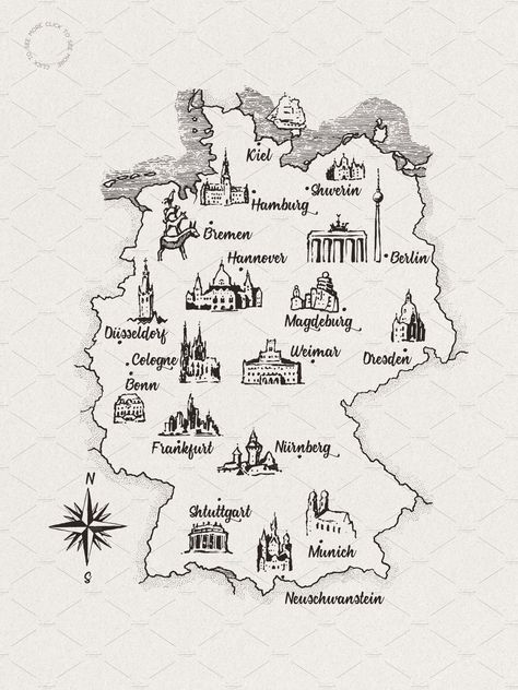Germany Map Art, Germany Map Illustration, Germany Aesthetic Vintage, Old Map Drawing, Germany Drawing, Germany Illustration, City Map Drawing, Bible Drawings, Germany Tattoo